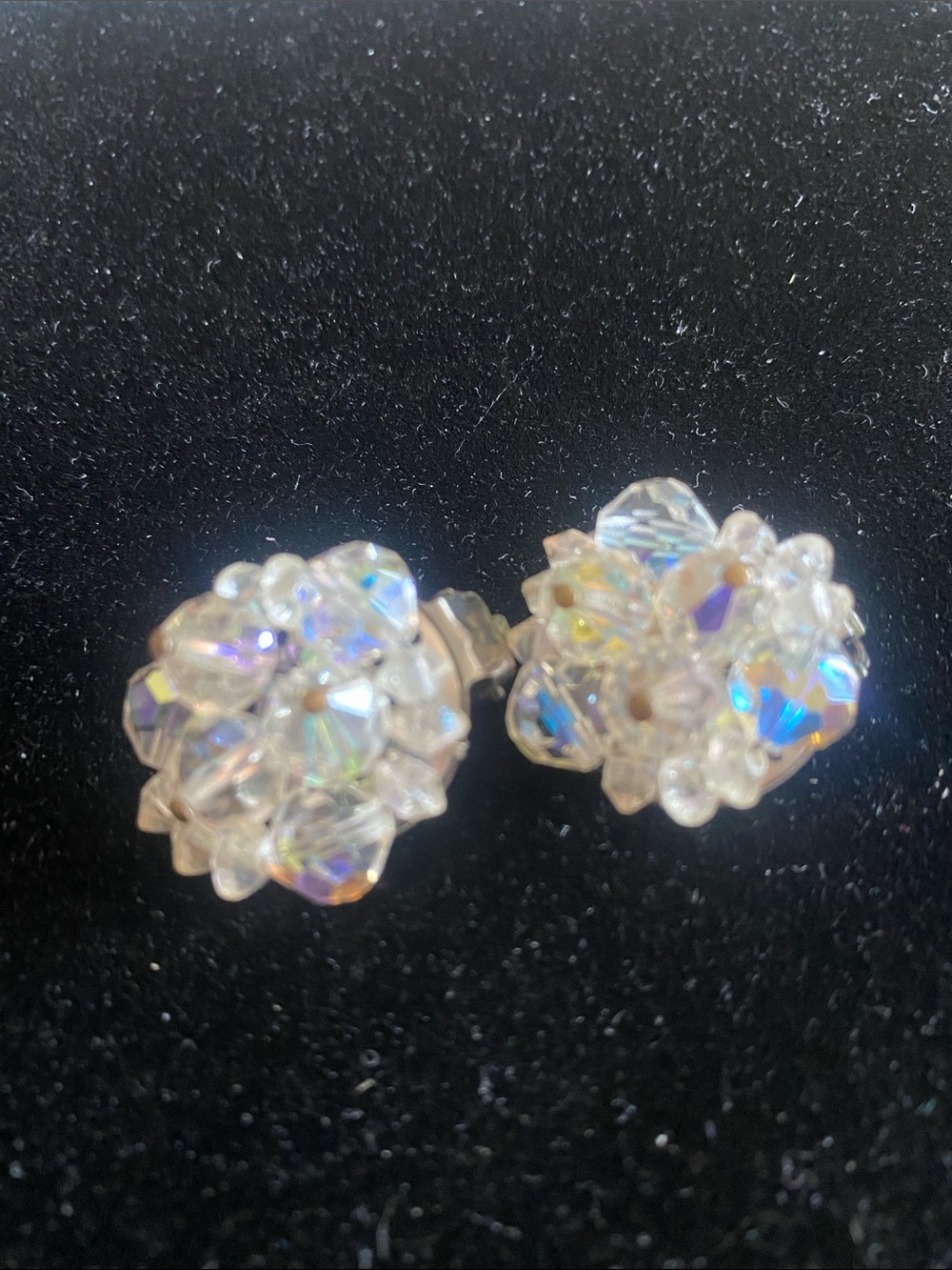 Vtg. Germany Crystal Cluster Stud Earrings - Aurora AB Sparkle